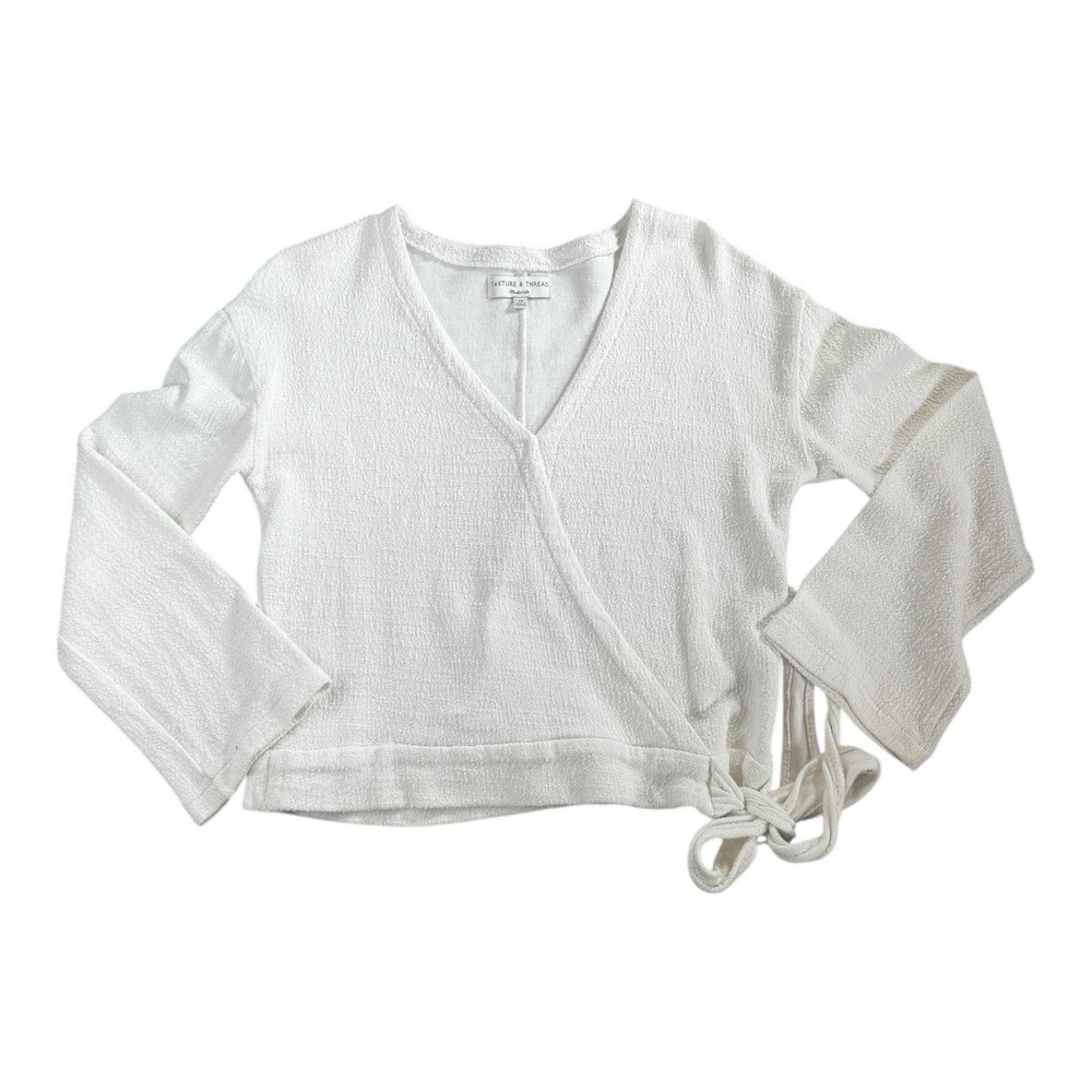 Texture Thread Madewell Wrap Top White Textured Knit Long Sleeve Cropped XS‎ - Picture 5 of 11